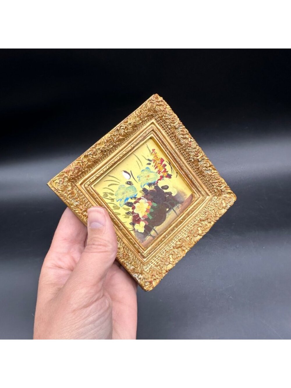 Vintage Miniature Floral Painting Ornate Gold Frame Wall Hanging Blue Flowers - Picture 10 of 10